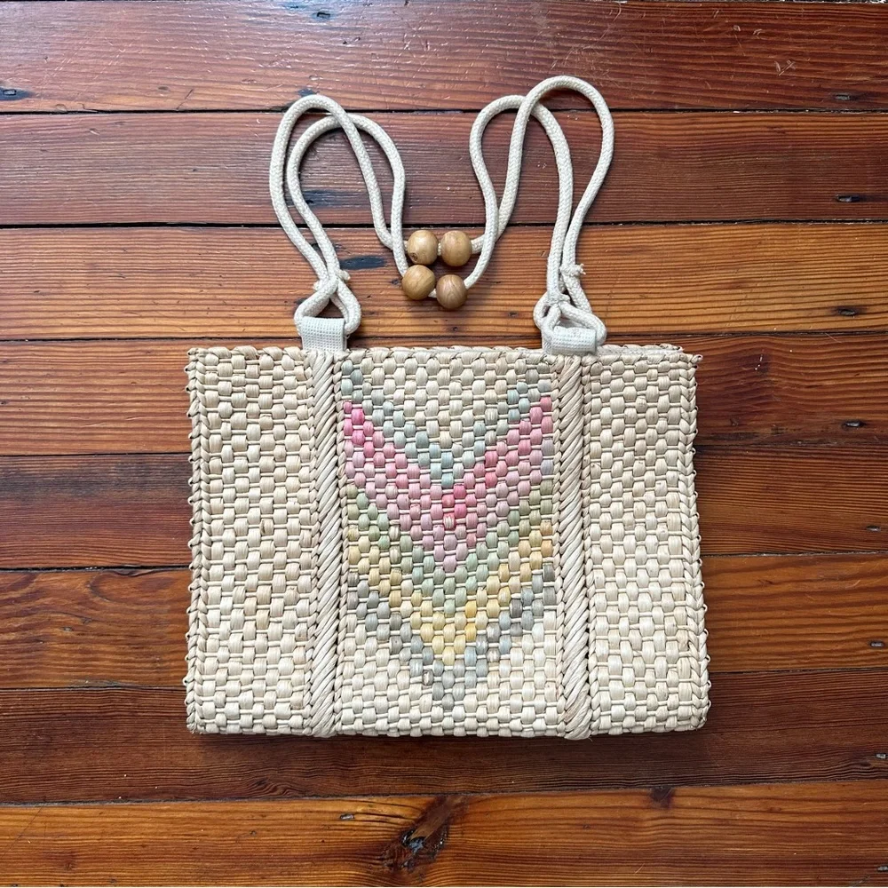 Vintage early 80s large woven straw flat shoulder bag